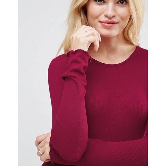 ASOS Mini Ribbed Flutter Cuff Long Sleeve Oxblood Bodycon Mini Dress Crewneck - Picture 5 of 12